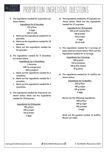 Proportion Ingredient Questions - Maths GCSE Foundation Worksheet ...
