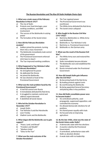 The Russian Revolution and The Rise Of Stalin Multiple Choice Quiz