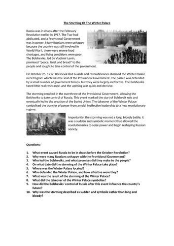 Russian Revolution - The Storming Of The Winter Palace Context Worksheet