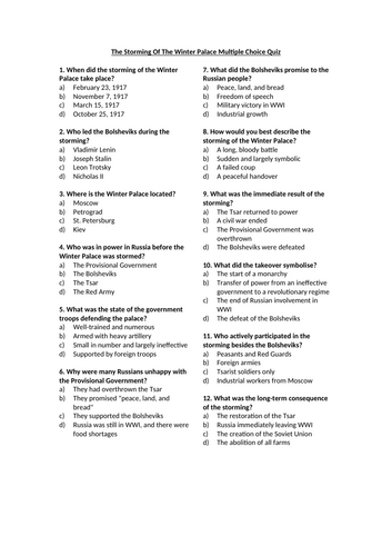 Russian Revolution - The Storming Of The Winter Palace Multiple Choice Quiz