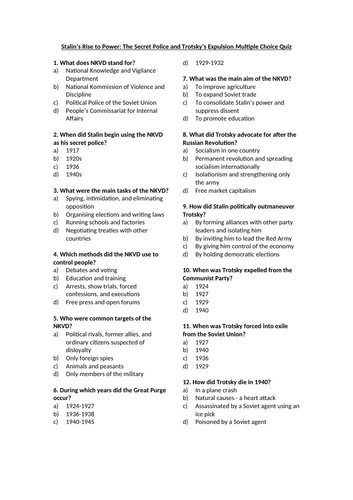 Russian Revolution - Stalin’s Rise to Power Multiple Choice Quiz