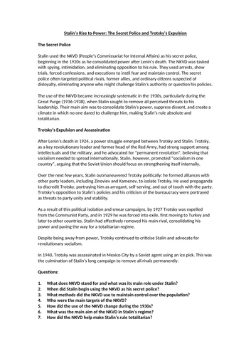Russian Revolution - Stalin’s Rise to Power Context Worksheet