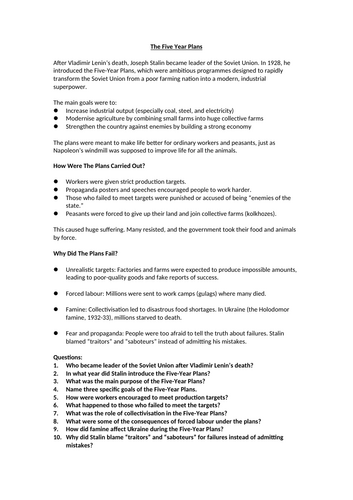 Russian Revolution - The Five Year Plans Context Worksheet