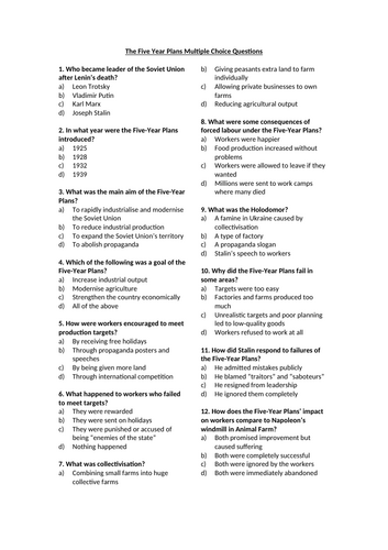 Russian Revolution - The Five Year Plans Multiple Choice Questions