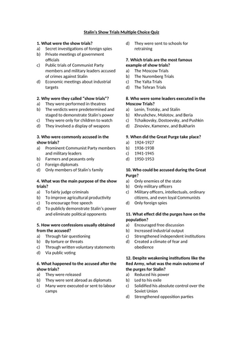 Russian Revolution - Stalin’s Show Trials Multiple Choice Quiz
