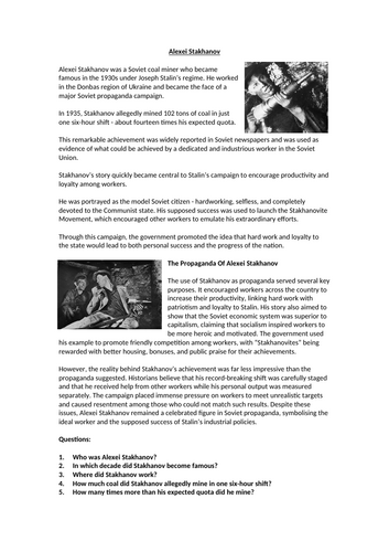 Russian Revolution - Alexei Stakhanov Context Worksheet