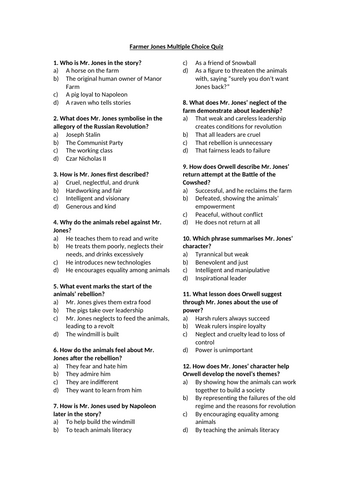 Animal Farm - Farmer Jones Multiple Choice Quiz