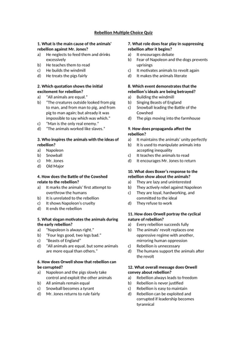 Animal Farm - Rebellion Multiple Choice Quiz