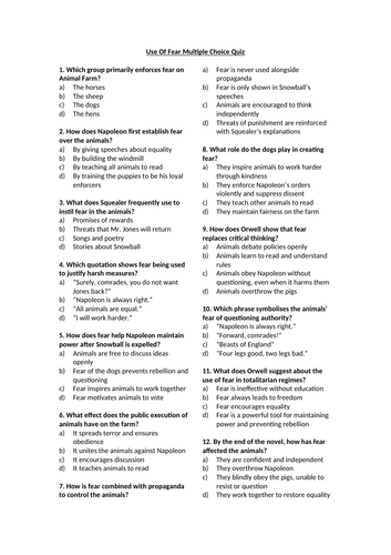 Animal Farm - Use Of Fear Multiple Choice Quiz