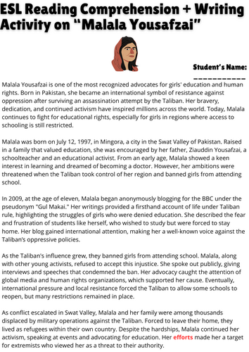 ESL Reading Comprehension + Writing Activity Worksheets on "Malala ...