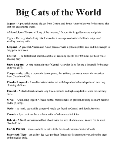 Big Cats of the World Workbook: Reading Comprehension & Vocabulary (15 ...