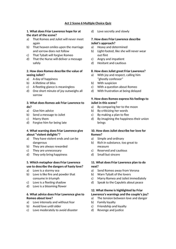 Romeo and Juliet - Act 2 Multiple Choice Quizzes | Teaching Resources