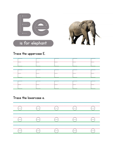 Letter E Tracing Worksheet, Alphabet Handwriting Practice, 6 pages