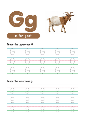 Letter G Tracing Worksheet, Alphabet Handwriting Practice, 6 pages