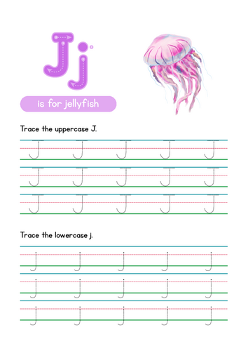 Letter J Tracing Worksheet, Alphabet Handwriting Practice, 6 pages
