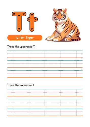 Letter T Tracing Worksheet, Alphabet Handwriting Practice, 6 pages