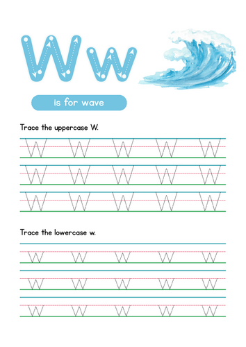 Letter W Tracing Worksheet, Alphabet Handwriting Practice, 6 pages