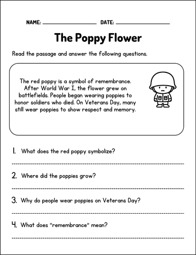Veterans Day Reading Comprehension Passages Questions Worksheets ...