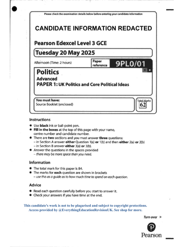 A-Level Edexcel Politics Paper 1 2025 Series Copy of Script with Marked Answers (62/84 Marks)