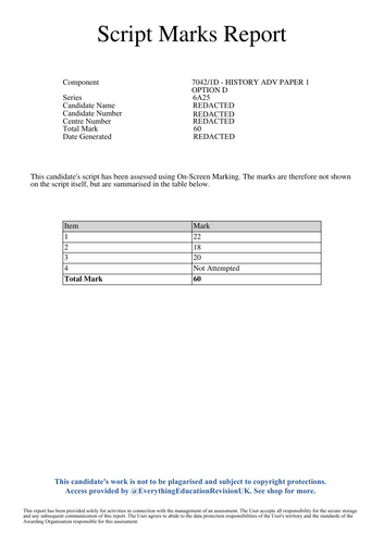 A-Level AQA History Paper 1D 2025 Series Copy of Candidate Script with Model Answers (60/80 Marks)