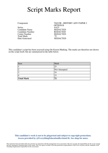 A-Level AQA History Paper 2R 2025 Series Copy of Candidate Script with Model Answers (72/80 Marks)