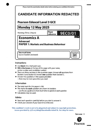 A-Level Edexcel Economics A 2025 Papers 1-3 Copy of Scripts with A* Candidate Model Answers