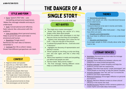 The Danger of a Single Story Chimamanda Ngozi Adichie Revision Sheet