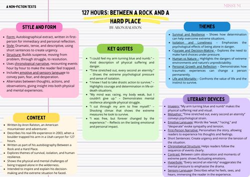 127 Hours: Between a Rock and a Hard Place Aron Ralston Revision Sheet