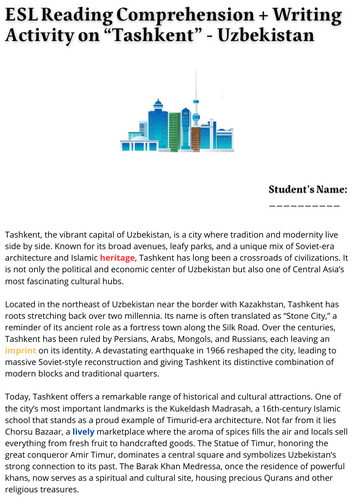 ESL Reading Comprehension + Writing Activity Worksheets - Tashkent ...
