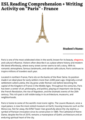 ESL Reading Comprehension + Writing Activity - Paris - France - Europe ...