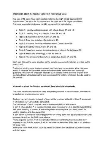 New GCSE Spanish Speaking Read aloud cards and Dictation pair work ...