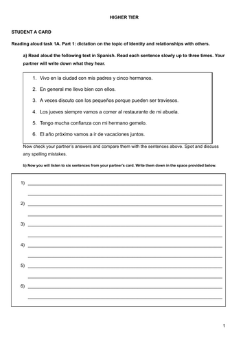 New GCSE Spanish Speaking Read aloud cards and Dictation pair work ...