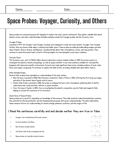 Space Probes: Voyager, Curiosity, and Others: Reading Comprehension ...