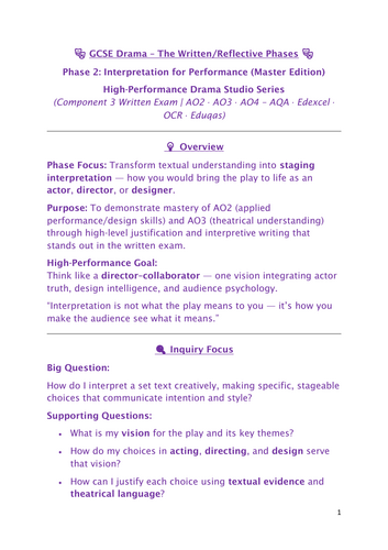 GCSE Drama – The Written/Reflective Phases. Phase 2: Interpretation for Performance