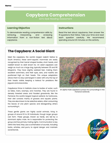 Year 6 SATS Style Comprehension on Capybaras | Teaching Resources