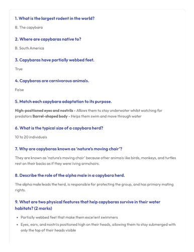 Year 6 SATS Style Comprehension on Capybaras