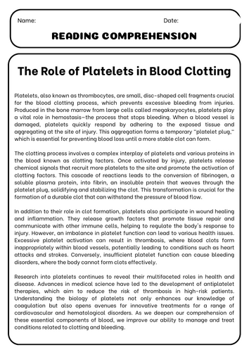 The Role of Platelets in Blood Clotting: Reading Comprehension Passages ...