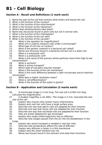 AQA B1 Cell Biology Revision & Retrieval Quiz | Teaching Resources