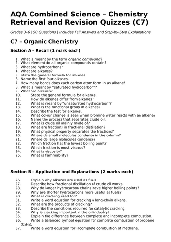 AQA C7 Organic Chemistry Rev & Ret Quiz | Teaching Resources
