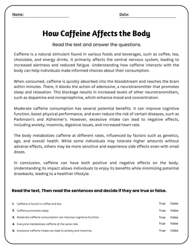 How Caffeine Affects the Body Reading Comprehension Passages ...