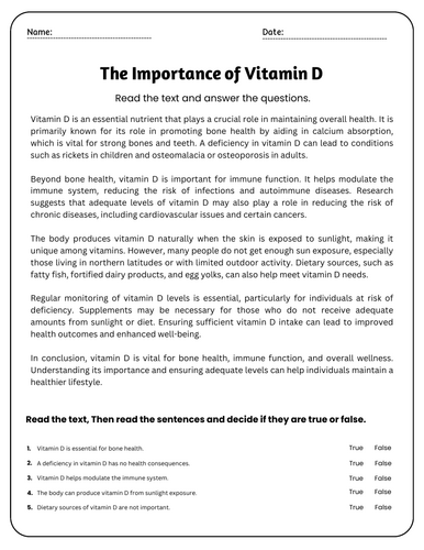 The Importance of Vitamin D Reading Comprehension Passages & Questions ...