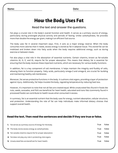 How the Body Uses Fat Reading Comprehension Passages & Questions ...