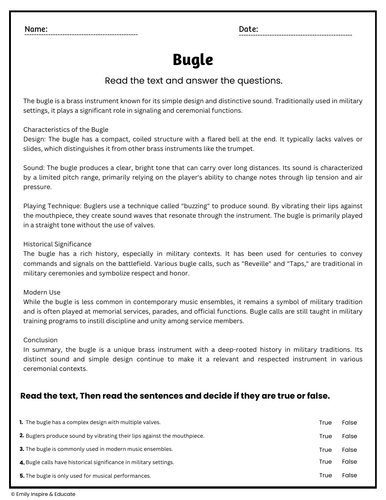 Bugle Reading Comprehension Passages & Questions Worksheets | Teaching ...