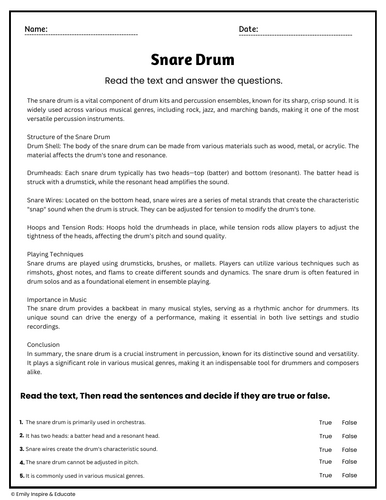Snare Drum Reading Comprehension Passages & Questions Worksheets ...