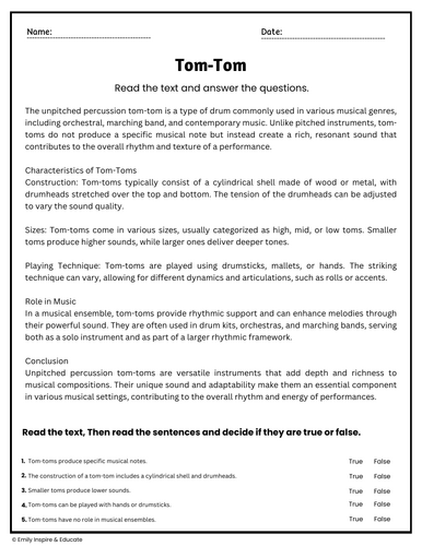 Tom-Tom Reading Comprehension Passages & Questions Worksheets ...
