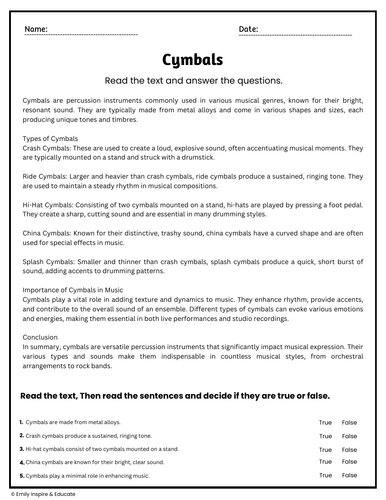 Cymbals Reading Comprehension Passages & Questions Worksheets ...