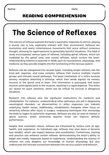 The Science of Reflexes: Reading Comprehension Passages & Questions ...