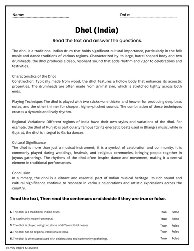 Dhol (India) Reading Comprehension Passages & Questions Worksheets ...