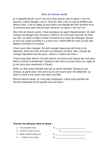 *FREEBIE* Ab Initio IB French - Health - La Santé - Reading Comprehension + Writing Task