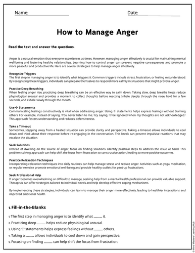 How to Manage Anger Reading Comprehension Passages & Questions ...